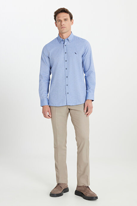 %100 Pamuk Slim Fit Dar Kesim Balıksırtı Desenli Flanel Mavi Gömlek resmi