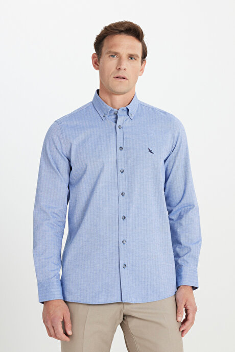 %100 Pamuk Slim Fit Dar Kesim Balıksırtı Desenli Flanel Mavi Gömlek resmi