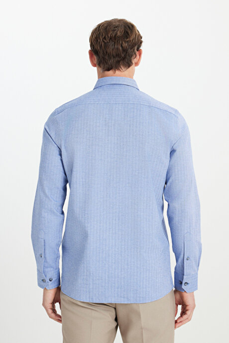 %100 Pamuk Slim Fit Dar Kesim Balıksırtı Desenli Flanel Mavi Gömlek resmi