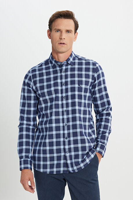 %100 Pamuk Oxford Slim Fit Dar Kesim Desenli Lacivert-Mavi Gömlek resmi