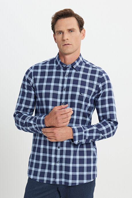 %100 Pamuk Oxford Slim Fit Dar Kesim Desenli Lacivert-Mavi Gömlek resmi