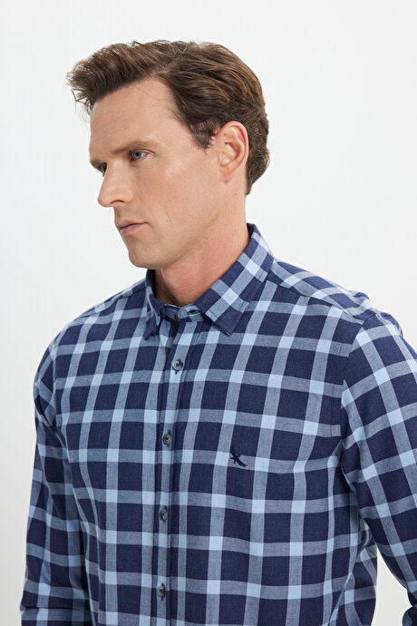 %100 Pamuk Oxford Slim Fit Dar Kesim Desenli Lacivert-Mavi Gömlek resmi