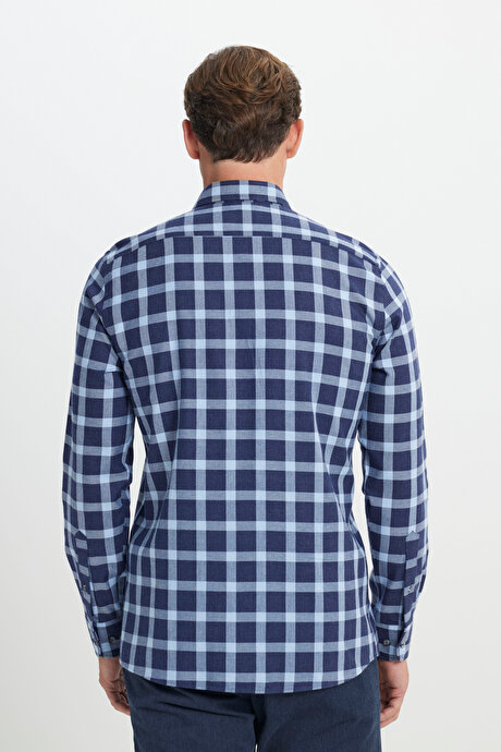 %100 Pamuk Oxford Slim Fit Dar Kesim Desenli Lacivert-Mavi Gömlek resmi