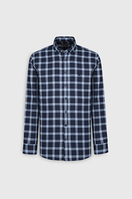 %100 Pamuk Oxford Slim Fit Dar Kesim Desenli Lacivert-Mavi Gömlek resmi