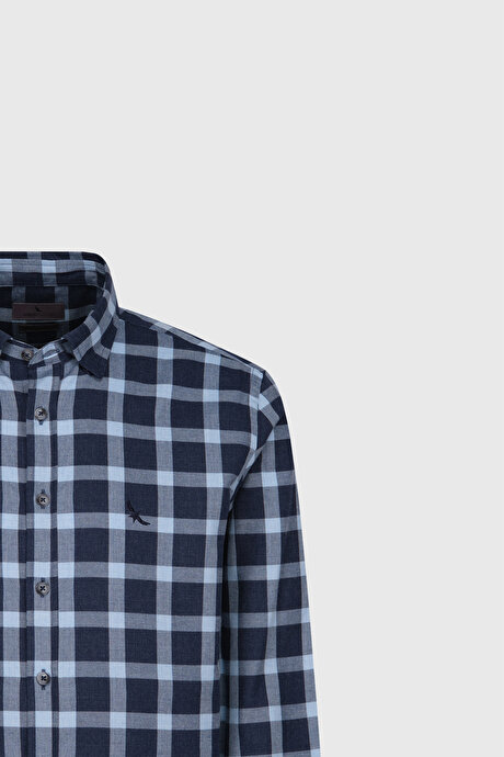%100 Pamuk Oxford Slim Fit Dar Kesim Desenli Lacivert-Mavi Gömlek resmi