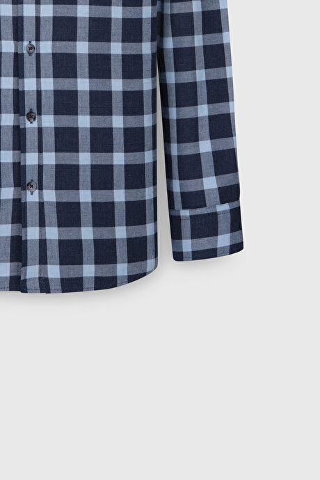 %100 Pamuk Oxford Slim Fit Dar Kesim Desenli Lacivert-Mavi Gömlek resmi