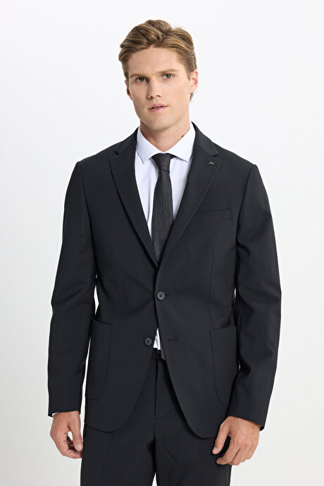 Yünlü Slim Fit Dar Kesim Mono Yaka Torba Cepli Esnek Siyah Takım Elbise resmi