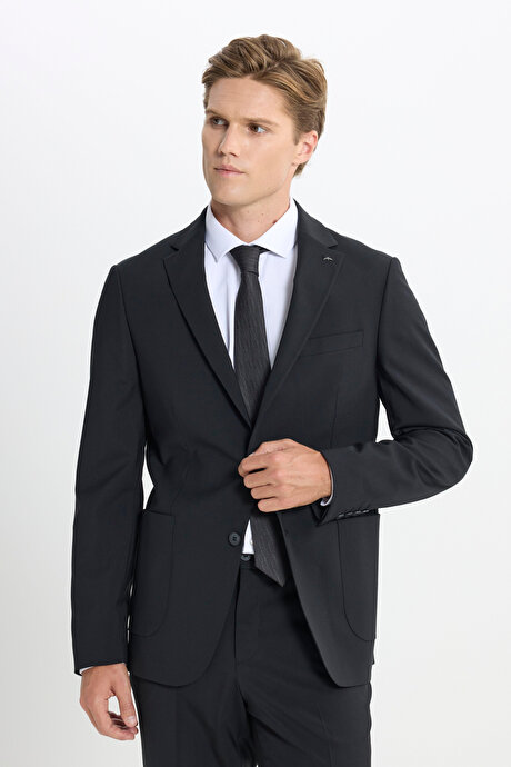 Yünlü Slim Fit Dar Kesim Mono Yaka Torba Cepli Esnek Siyah Takım Elbise resmi