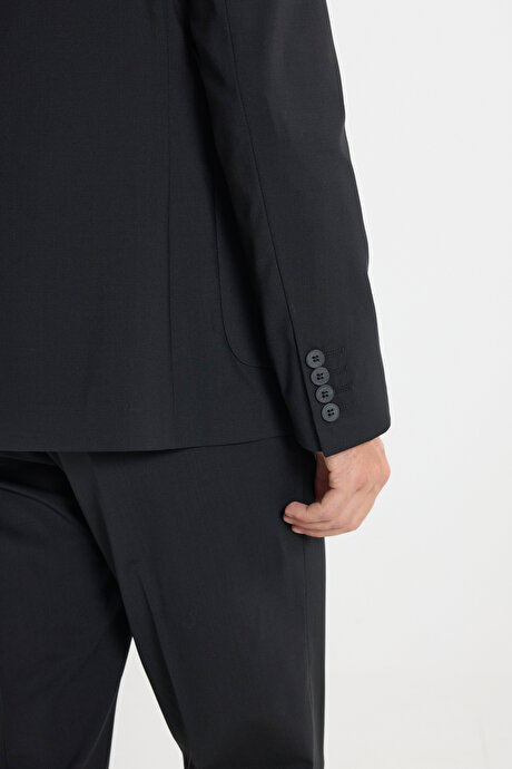 Yünlü Slim Fit Dar Kesim Mono Yaka Torba Cepli Esnek Siyah Takım Elbise resmi