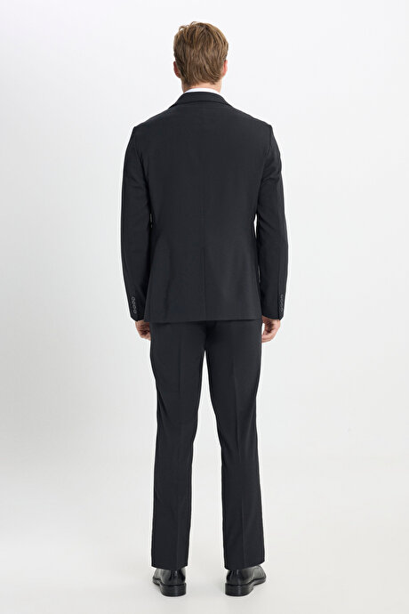 Yünlü Slim Fit Dar Kesim Mono Yaka Torba Cepli Esnek Siyah Takım Elbise resmi