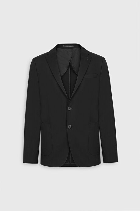 Yünlü Slim Fit Dar Kesim Mono Yaka Torba Cepli Esnek Siyah Takım Elbise resmi