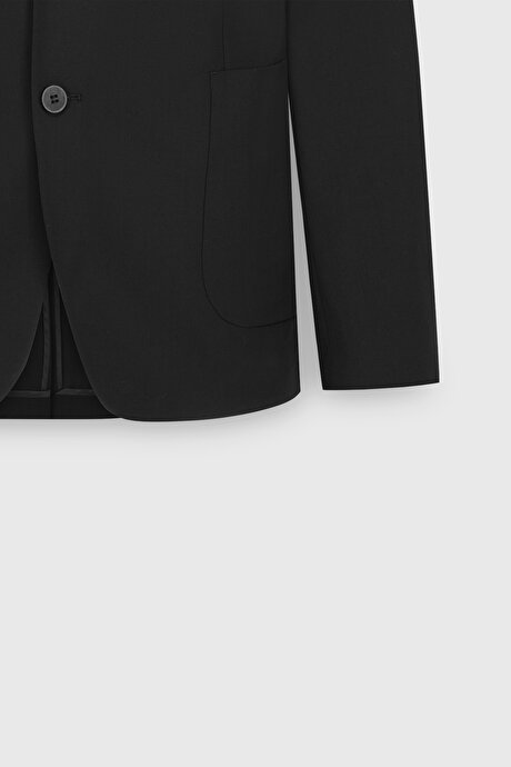 Yünlü Slim Fit Dar Kesim Mono Yaka Torba Cepli Esnek Siyah Takım Elbise resmi