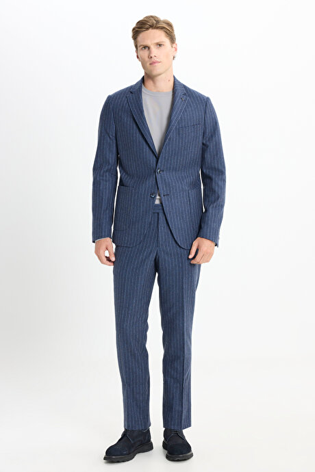 Yünlü Sıcak Tutan Slim Fit Dar Kesim Kırlangıç Yaka Kapak Cepli Çizgili Mavi Takım Elbise resmi