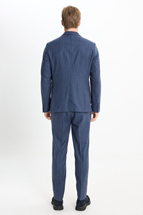 Yünlü Sıcak Tutan Slim Fit Dar Kesim Kırlangıç Yaka Kapak Cepli Çizgili Mavi Takım Elbise resmi