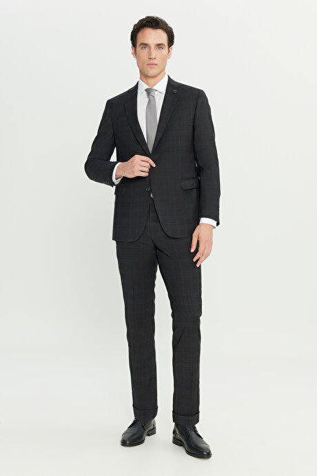 %100 Yün Slim Fit Dar Kesim Mono Yaka Kapak Cepli Kareli Siyah Takım Elbise resmi