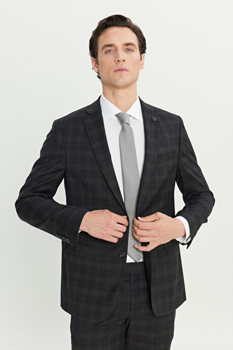 %100 Yün Slim Fit Dar Kesim Mono Yaka Kapak Cepli Kareli Siyah Takım Elbise resmi