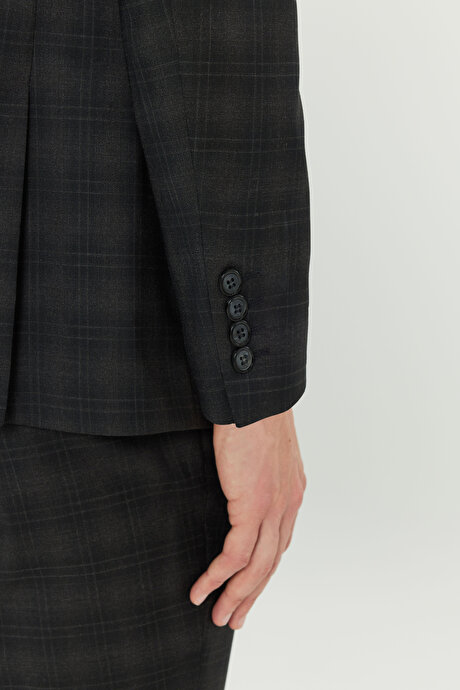 %100 Yün Slim Fit Dar Kesim Mono Yaka Kapak Cepli Kareli Siyah Takım Elbise resmi