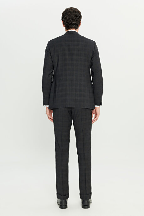 %100 Yün Slim Fit Dar Kesim Mono Yaka Kapak Cepli Kareli Siyah Takım Elbise resmi