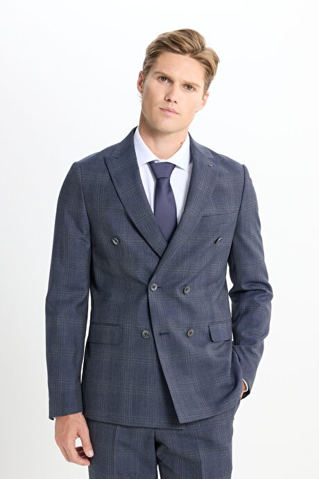 %100 Yün Slim Fit Dar Kesim Kırlangıç Yaka Kareli Kruvaze Lacivert Takım Elbise resmi