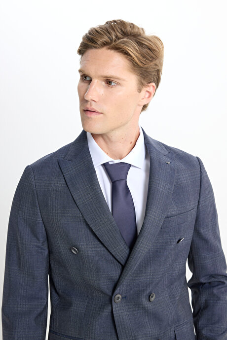 %100 Yün Slim Fit Dar Kesim Kırlangıç Yaka Kareli Kruvaze Lacivert Takım Elbise resmi