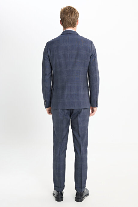 %100 Yün Slim Fit Dar Kesim Kırlangıç Yaka Kareli Kruvaze Lacivert Takım Elbise resmi