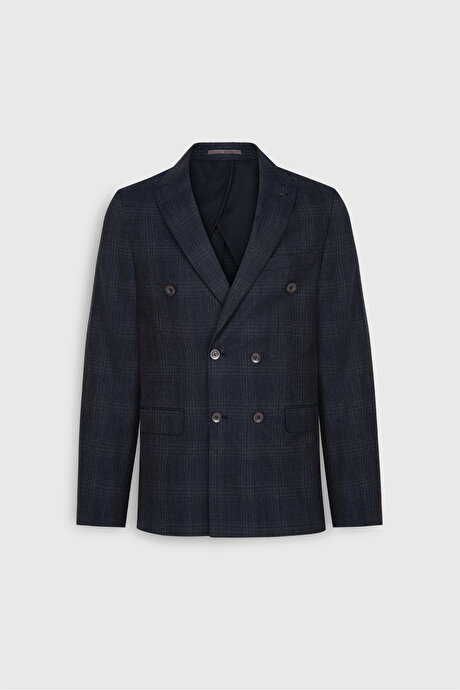 %100 Yün Slim Fit Dar Kesim Kırlangıç Yaka Kareli Kruvaze Lacivert Takım Elbise resmi