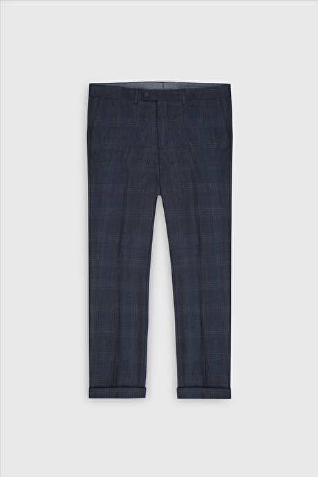 %100 Yün Slim Fit Dar Kesim Kırlangıç Yaka Kareli Kruvaze Lacivert Takım Elbise resmi