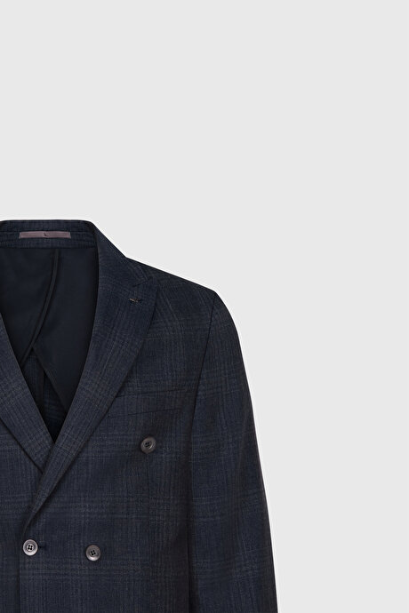 %100 Yün Slim Fit Dar Kesim Kırlangıç Yaka Kareli Kruvaze Lacivert Takım Elbise resmi