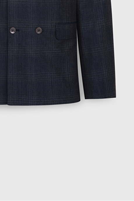 %100 Yün Slim Fit Dar Kesim Kırlangıç Yaka Kareli Kruvaze Lacivert Takım Elbise resmi