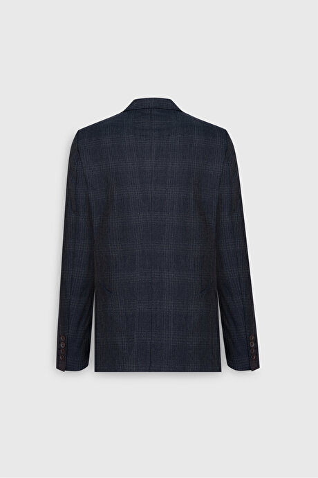 %100 Yün Slim Fit Dar Kesim Kırlangıç Yaka Kareli Kruvaze Lacivert Takım Elbise resmi