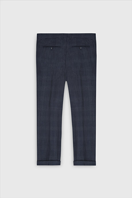 %100 Yün Slim Fit Dar Kesim Kırlangıç Yaka Kareli Kruvaze Lacivert Takım Elbise resmi