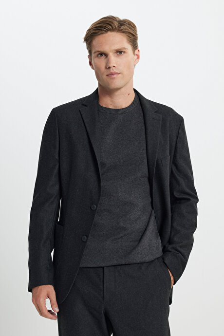 Yünlü Slim Fit Dar Kesim Mono Yaka Beli Bağlamalı Diagonal Desenli Antrasit Takım Elbise resmi