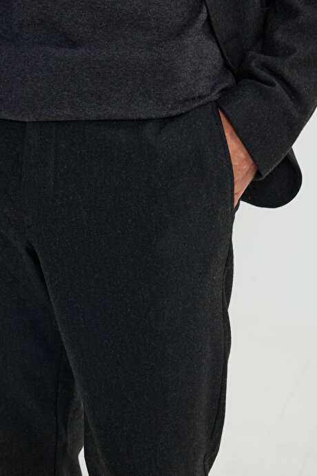 Yünlü Slim Fit Dar Kesim Mono Yaka Beli Bağlamalı Diagonal Desenli Antrasit Takım Elbise resmi