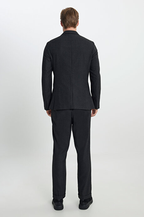 Yünlü Slim Fit Dar Kesim Mono Yaka Beli Bağlamalı Diagonal Desenli Antrasit Takım Elbise resmi