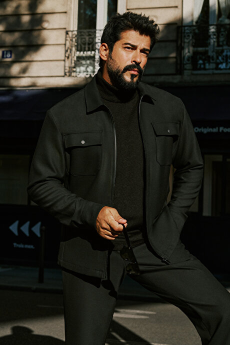 Slim Fit Dar Kesim Gömlek Yaka Diagonal Desenli Yan Cepli Siyah Takım Elbise resmi