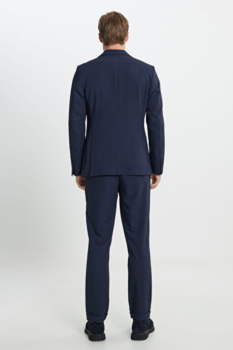 Slim Fit Dar Kesim Mono Yaka Beli Bağlamalı Çizgili Torba Cepli Lacivert Takım Elbise resmi