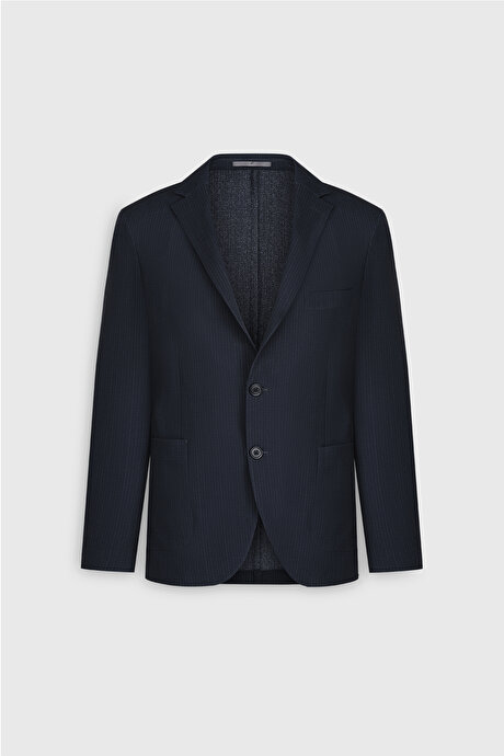 Slim Fit Dar Kesim Mono Yaka Beli Bağlamalı Çizgili Torba Cepli Lacivert Takım Elbise resmi