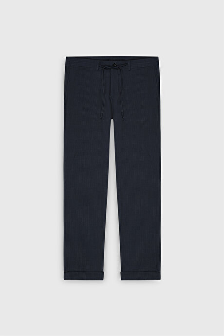 Slim Fit Dar Kesim Mono Yaka Beli Bağlamalı Çizgili Torba Cepli Lacivert Takım Elbise resmi