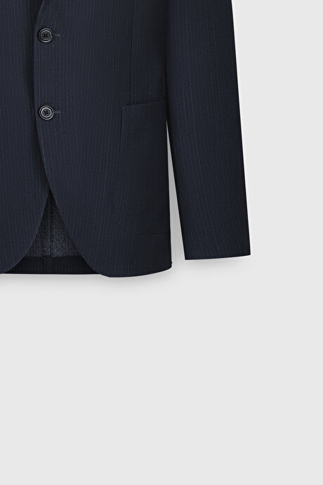 Slim Fit Dar Kesim Mono Yaka Beli Bağlamalı Çizgili Torba Cepli Lacivert Takım Elbise resmi