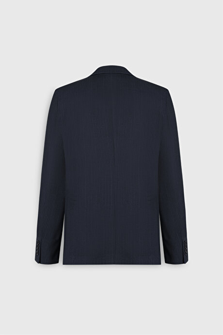 Slim Fit Dar Kesim Mono Yaka Beli Bağlamalı Çizgili Torba Cepli Lacivert Takım Elbise resmi