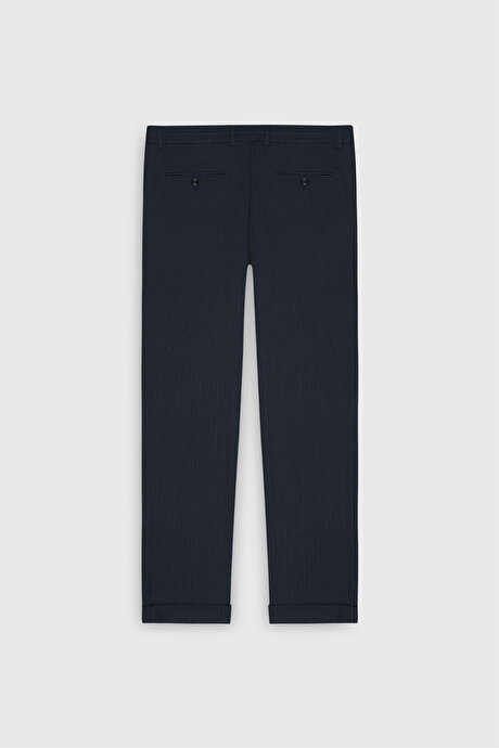 Slim Fit Dar Kesim Mono Yaka Beli Bağlamalı Çizgili Torba Cepli Lacivert Takım Elbise resmi