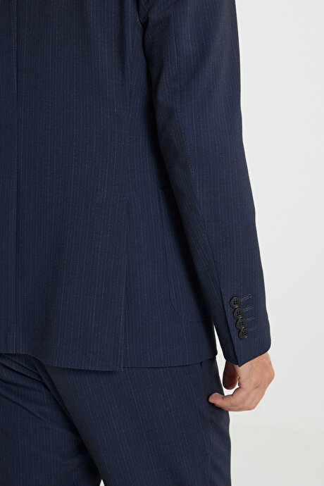 Slim Fit Dar Kesim Mono Yaka Beli Bağlamalı Çizgili Torba Cepli Lacivert Takım Elbise resmi