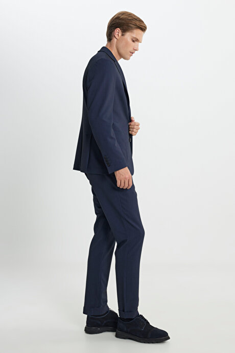 Slim Fit Dar Kesim Mono Yaka Beli Bağlamalı Çizgili Torba Cepli Lacivert Takım Elbise resmi