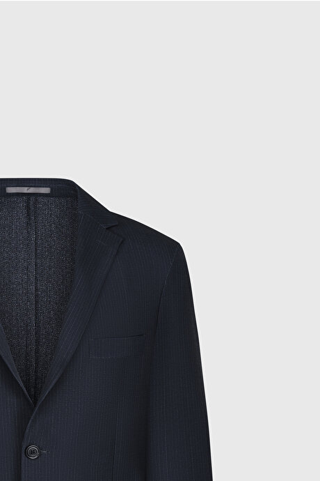Slim Fit Dar Kesim Mono Yaka Beli Bağlamalı Çizgili Torba Cepli Lacivert Takım Elbise resmi