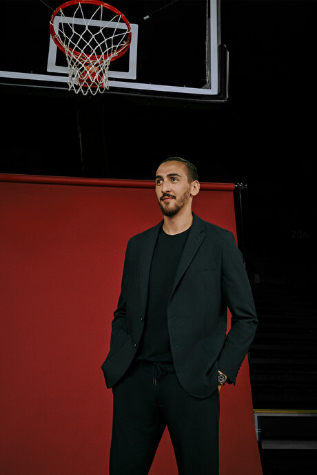 Slim Fit Dar Kesim Mono Yaka Beli Bağlamalı Çizgili Torba Cepli Lacivert Takım Elbise resmi