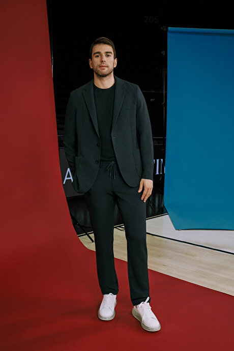 Slim Fit Dar Kesim Mono Yaka Beli Bağlamalı Çizgili Torba Cepli Lacivert Takım Elbise resmi