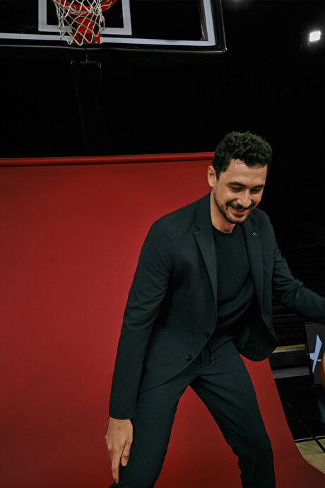 Slim Fit Dar Kesim Mono Yaka Beli Bağlamalı Çizgili Torba Cepli Lacivert Takım Elbise resmi