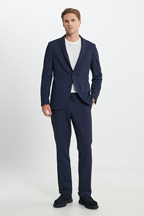 Slim Fit Dar Kesim Mono Yaka Beli Bağlamalı Çizgili Torba Cepli Lacivert Takım Elbise resmi