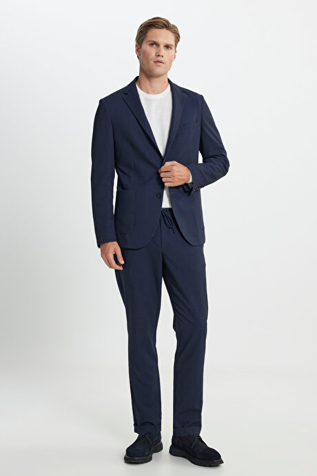 Slim Fit Dar Kesim Mono Yaka Beli Bağlamalı Çizgili Torba Cepli Lacivert Takım Elbise resmi