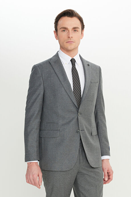 Yün Slim Fit Dar Kesim Kırlangıç Yaka Kapak Cepli Gri Takım Elbise resmi